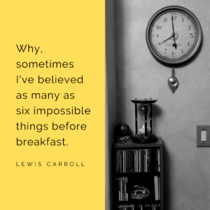 Lewis Carrol quote next to greyscale clock and hourglass scene.